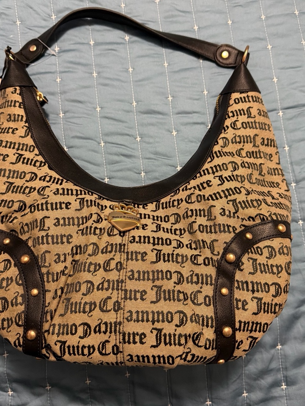 Juicy Couture Tan Canvas & Black Trim Logo Hobo